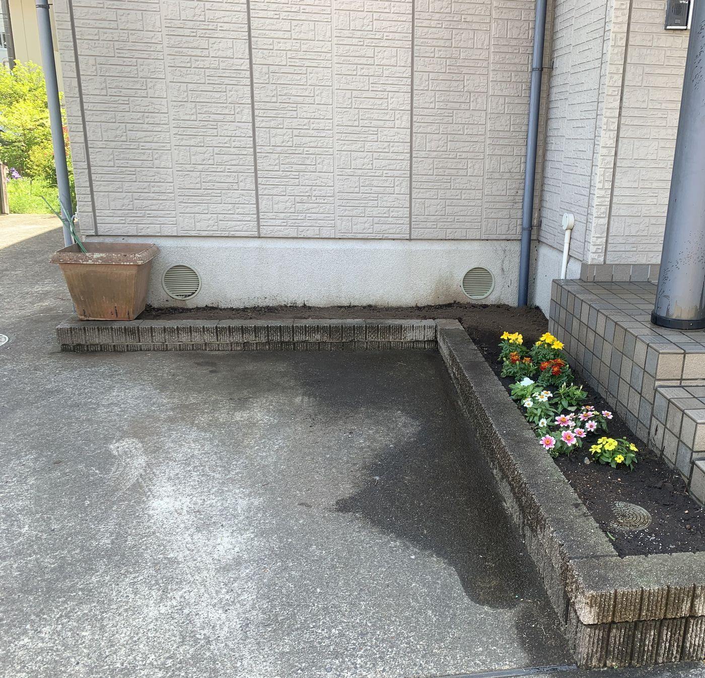 季節の花を植えた花壇の完成